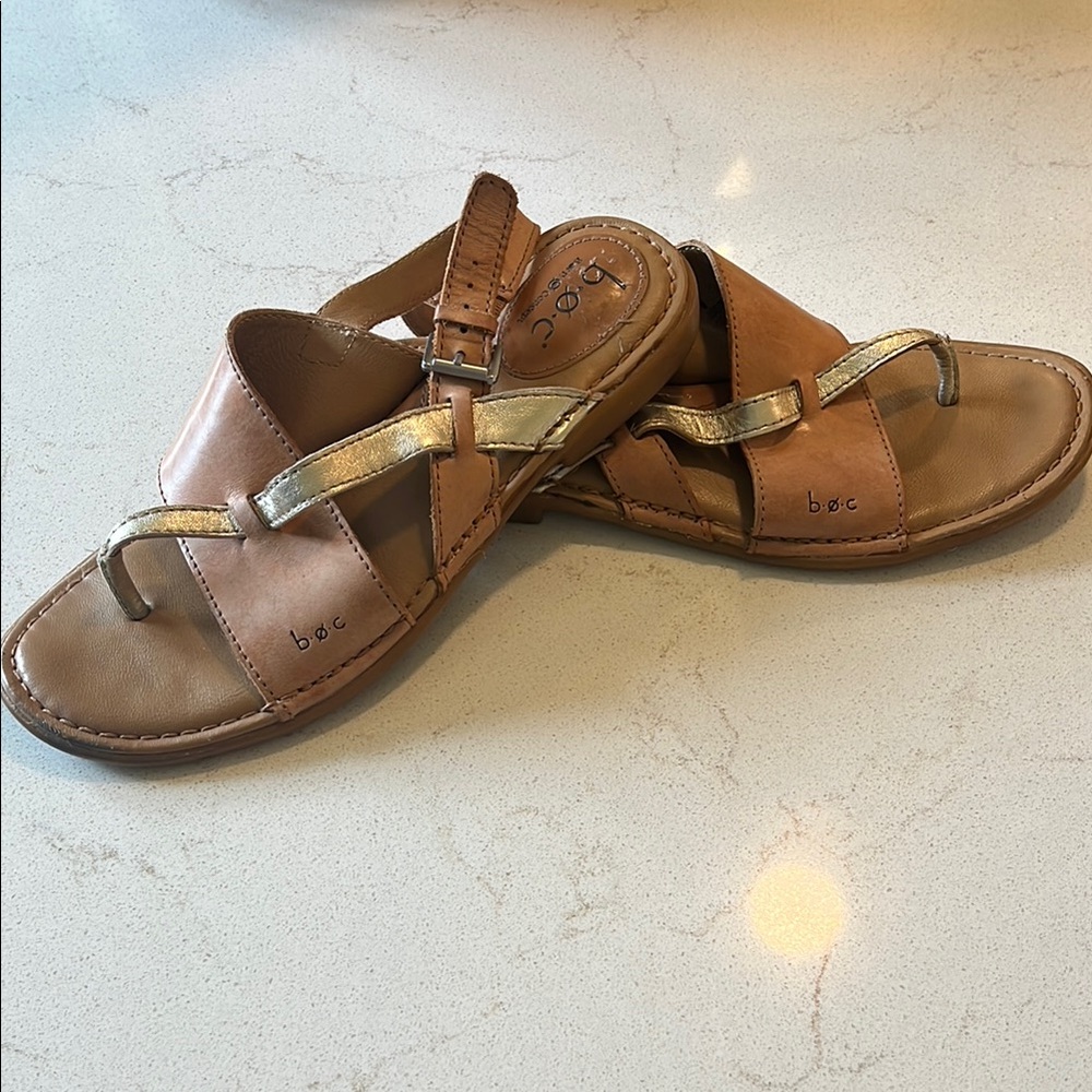 b.o.c. Tan and Gold Sandals with Adjustable Straps